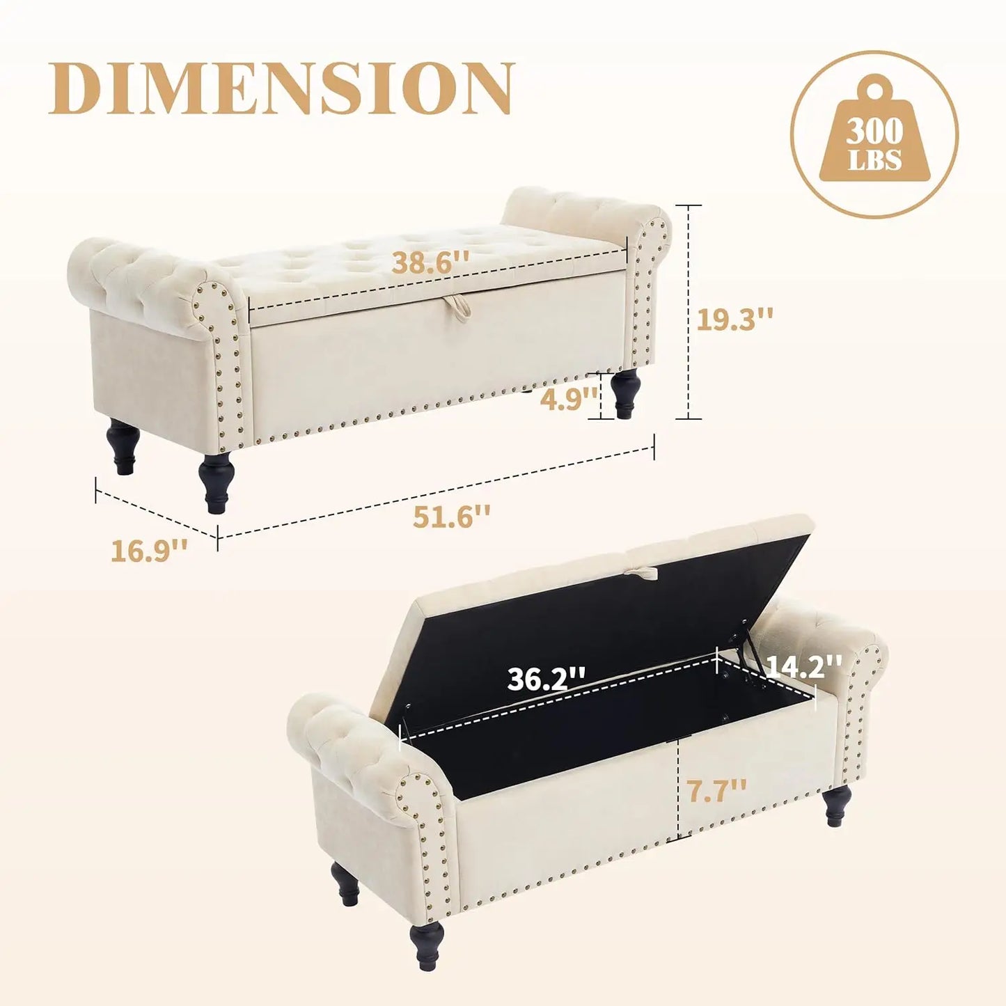 51" Storage Ottoman Bench, End of Bed Bench for Bedroom, Storage Ottomans for Foot of Bed, Chenille Upholstered, Customized