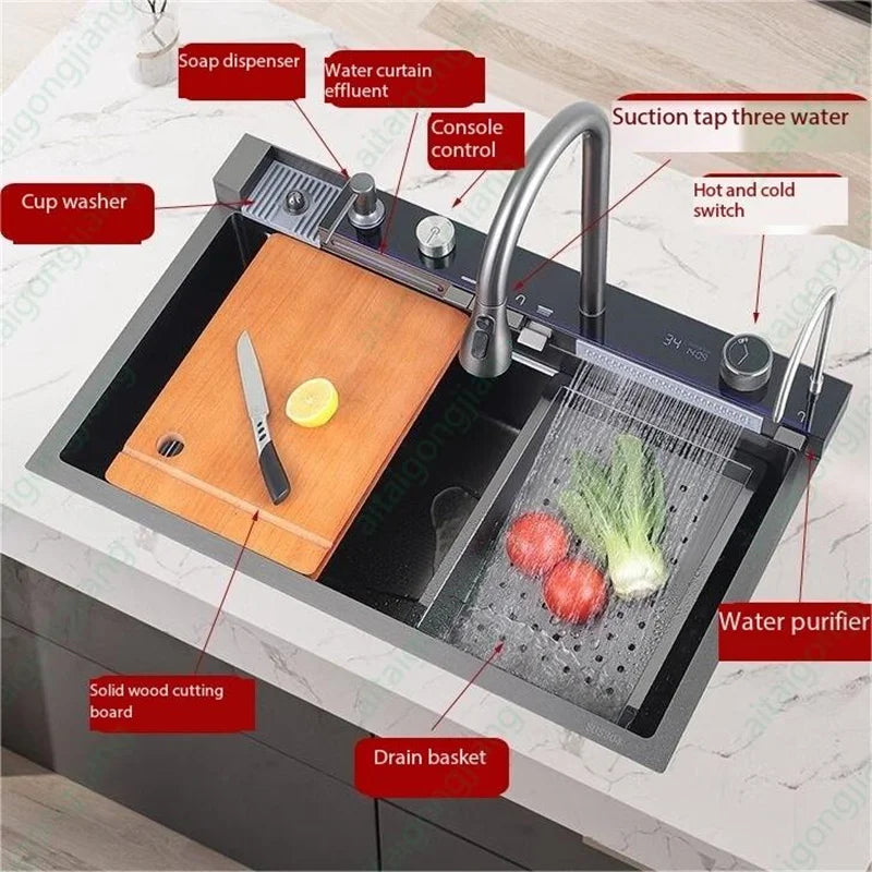 5.0MM Double Waterfall Sink Embossed Stainless Steel Kitchen Sink Large Single Slot Digital Display Wash Basin Dishwashing Pond