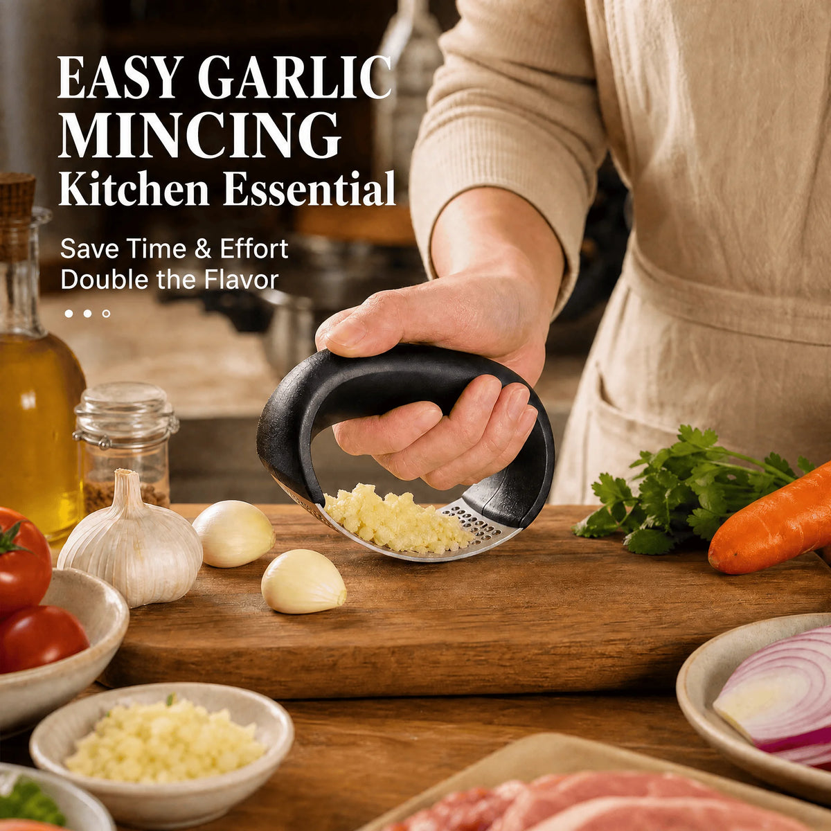 Stainless Steel Garlic Press, Curved Rocking Garlic Mincer Kitchen Gadget
