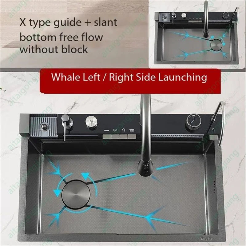 5.0MM Double Waterfall Sink Embossed Stainless Steel Kitchen Sink Large Single Slot Digital Display Wash Basin Dishwashing Pond