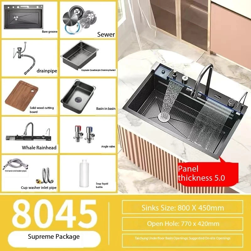 5.0MM Double Waterfall Sink Embossed Stainless Steel Kitchen Sink Large Single Slot Digital Display Wash Basin Dishwashing Pond