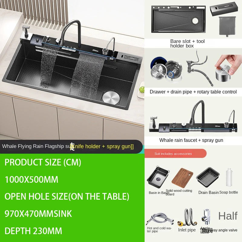 5.0MM Double Waterfall Sink Embossed Stainless Steel Kitchen Sink Large Single Slot Digital Display Wash Basin Dishwashing Pond