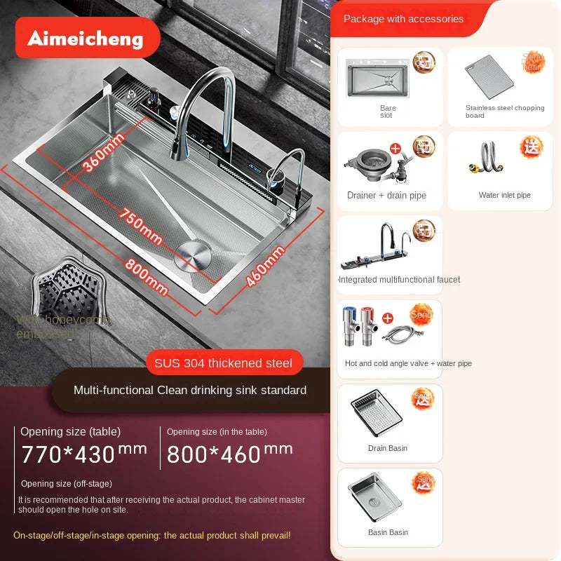 5.0MM Double Waterfall Sink Embossed Stainless Steel Kitchen Sink Large Single Slot Digital Display Wash Basin Dishwashing Pond
