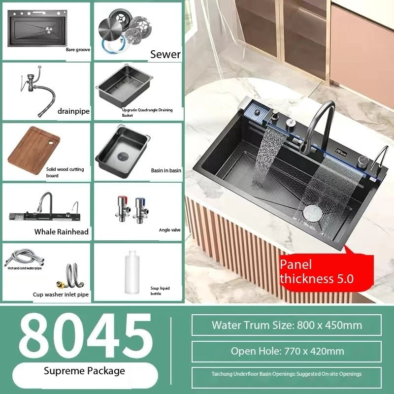5.0MM Double Waterfall Sink Embossed Stainless Steel Kitchen Sink Large Single Slot Digital Display Wash Basin Dishwashing Pond