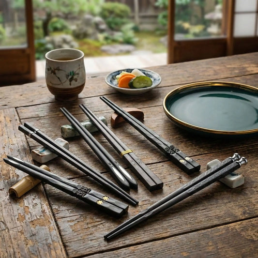 Black Alloy Chopsticks 5-Piece Set, Reusable Durable Kitchen Tableware