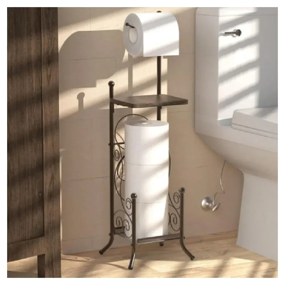 Style Bathroom Toilet Tissue Roll Holder Stand With Shelf, Bronze,23514815