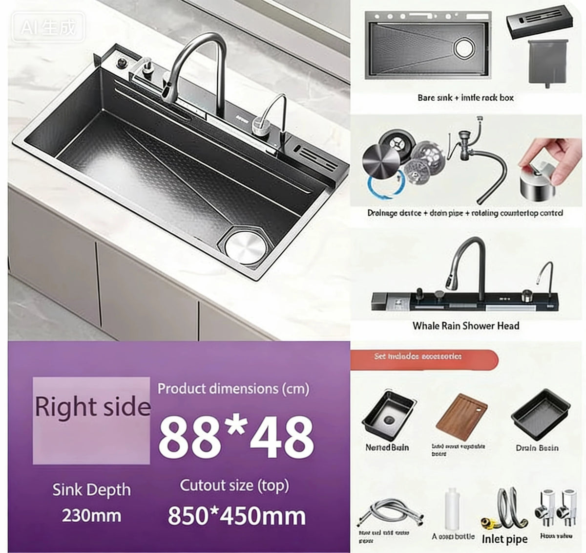 5.0MM Double Waterfall Sink Embossed Stainless Steel Kitchen Sink Large Single Slot Digital Display Wash Basin Dishwashing Pond