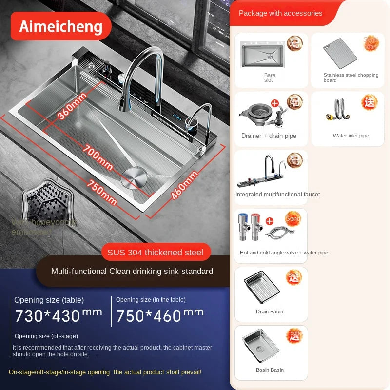 5.0MM Double Waterfall Sink Embossed Stainless Steel Kitchen Sink Large Single Slot Digital Display Wash Basin Dishwashing Pond