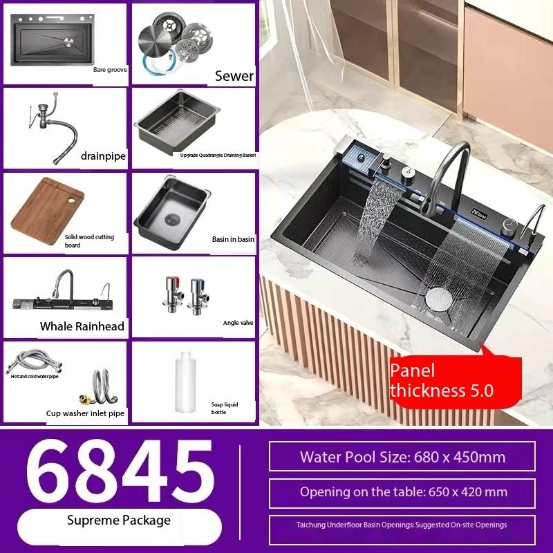 5.0MM Double Waterfall Sink Embossed Stainless Steel Kitchen Sink Large Single Slot Digital Display Wash Basin Dishwashing Pond
