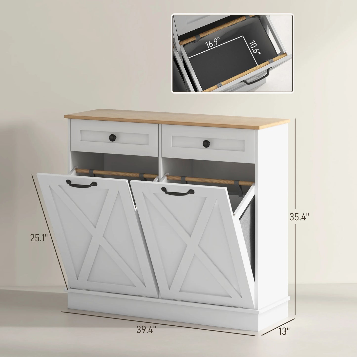 Homcom Tilt Out Laundry Hamper Cabinet with 2 Baskets and 2 Drawers, White