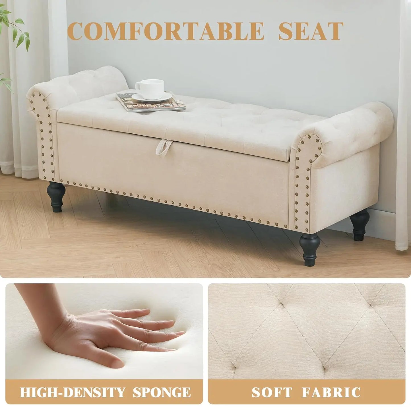 51" Storage Ottoman Bench, End of Bed Bench for Bedroom, Storage Ottomans for Foot of Bed, Chenille Upholstered, Customized