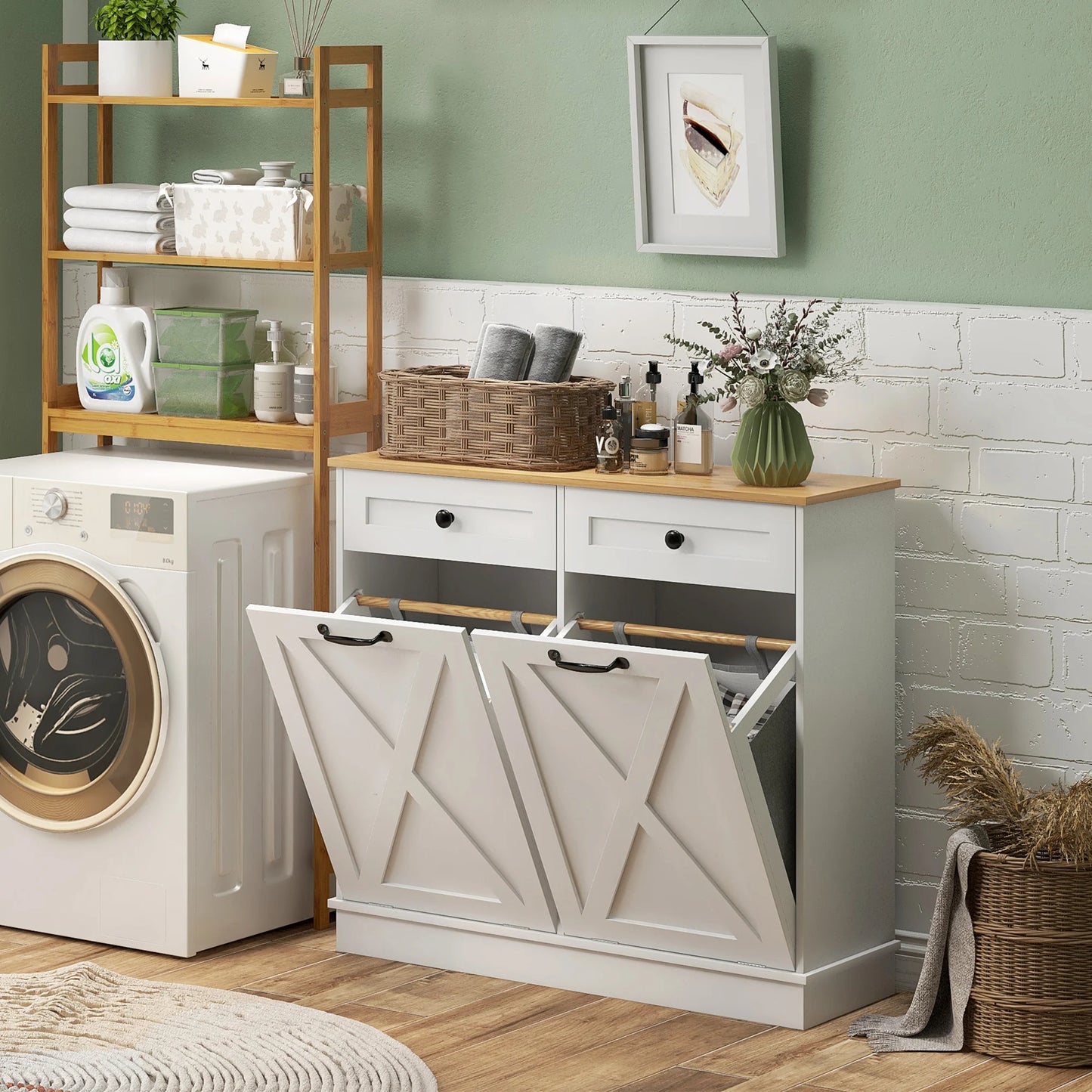 Homcom Tilt Out Laundry Hamper Cabinet with 2 Baskets and 2 Drawers, White