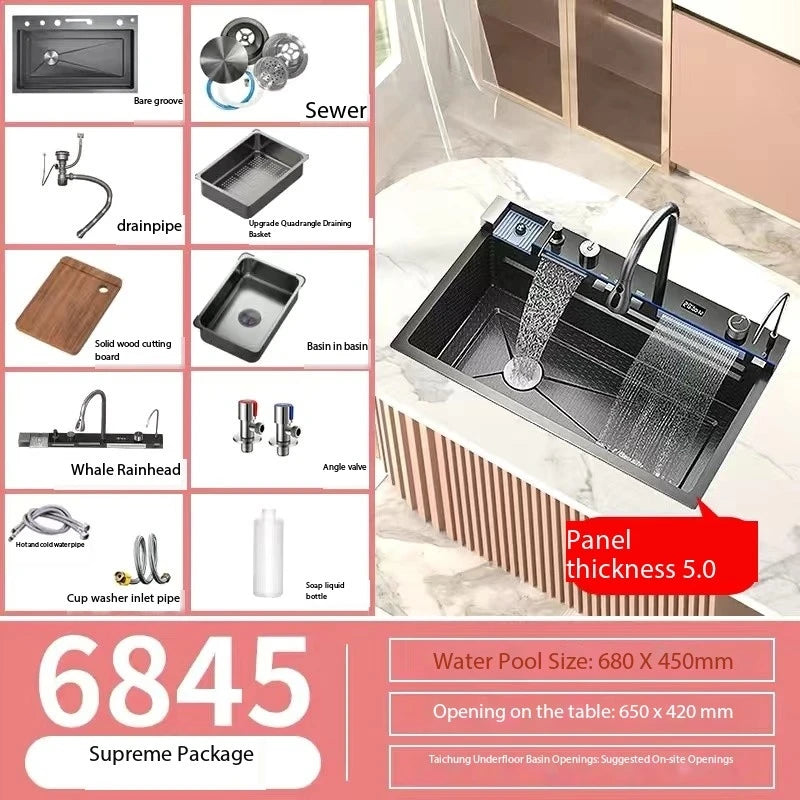 5.0MM Double Waterfall Sink Embossed Stainless Steel Kitchen Sink Large Single Slot Digital Display Wash Basin Dishwashing Pond