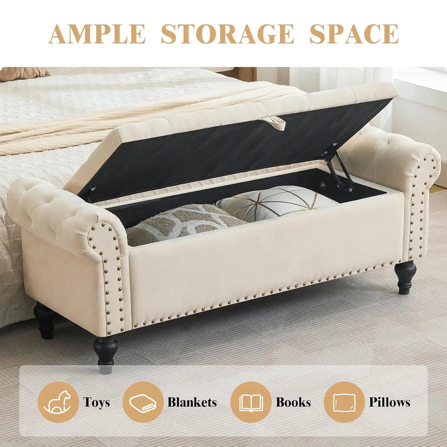 51" Storage Ottoman Bench, End of Bed Bench for Bedroom, Storage Ottomans for Foot of Bed, Chenille Upholstered, Customized