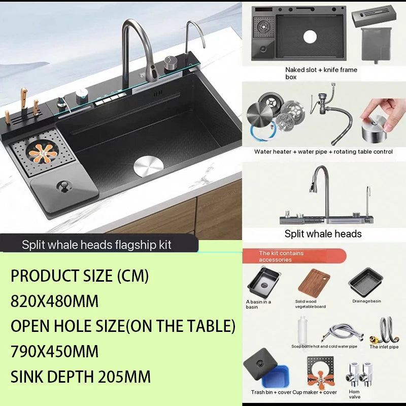 5.0MM Double Waterfall Sink Embossed Stainless Steel Kitchen Sink Large Single Slot Digital Display Wash Basin Dishwashing Pond