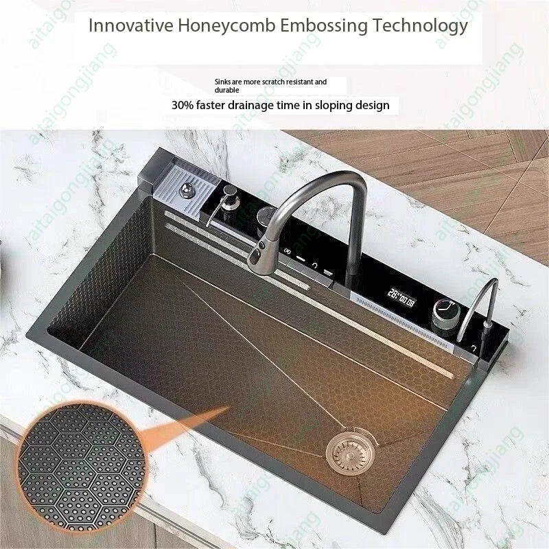 5.0MM Double Waterfall Sink Embossed Stainless Steel Kitchen Sink Large Single Slot Digital Display Wash Basin Dishwashing Pond