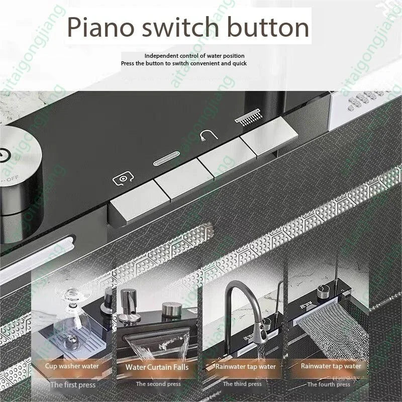 5.0MM Double Waterfall Sink Embossed Stainless Steel Kitchen Sink Large Single Slot Digital Display Wash Basin Dishwashing Pond