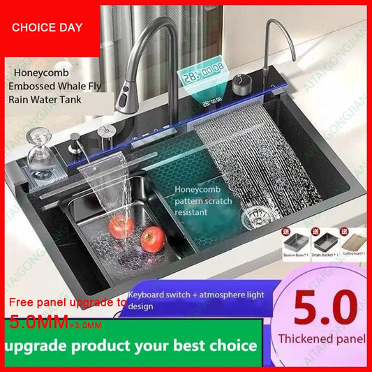 5.0MM Double Waterfall Sink Embossed Stainless Steel Kitchen Sink Large Single Slot Digital Display Wash Basin Dishwashing Pond