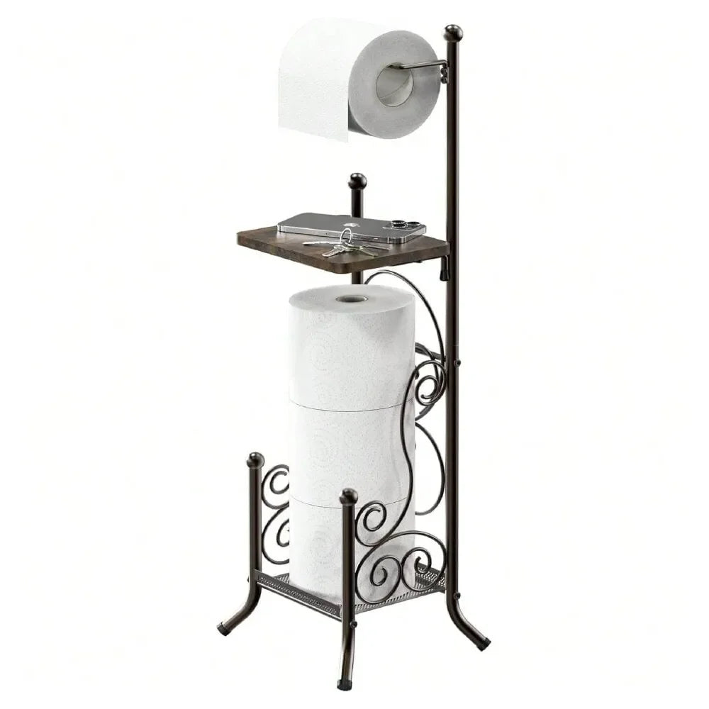 Style Bathroom Toilet Tissue Roll Holder Stand With Shelf, Bronze,23514815
